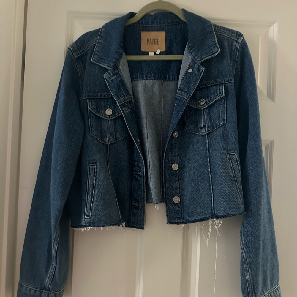 PAIGE Cropped Raw Hem Denim Jacket